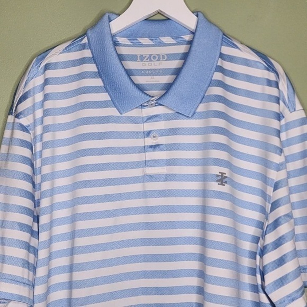 Izod Golf Cool FX Polo Shirt Blue White Stripe Short Sleeve Sporty XL